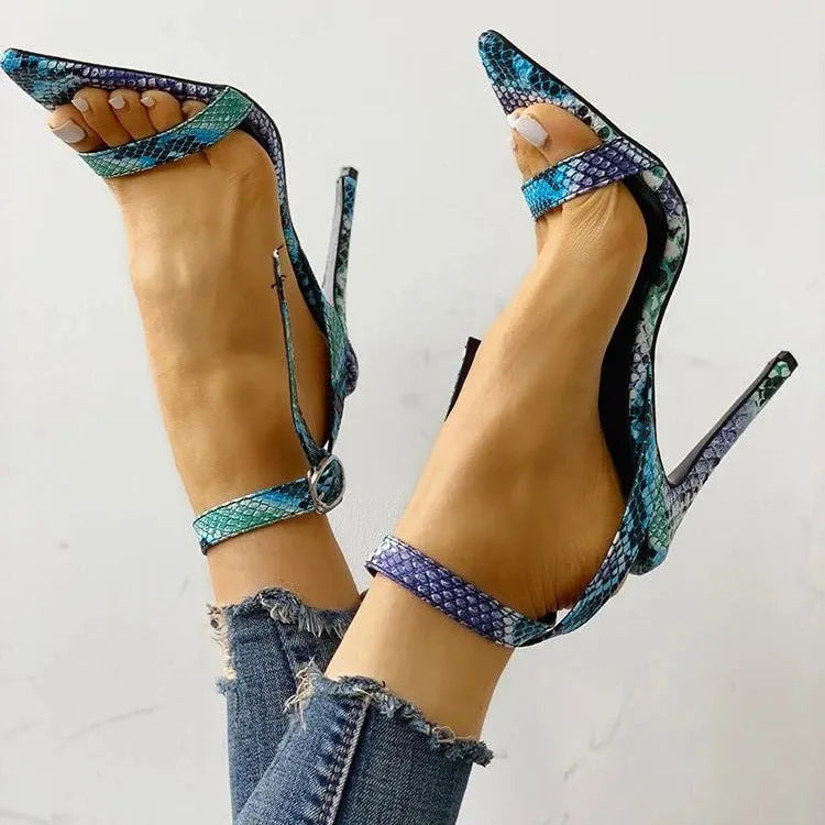Blue women's high heels with hollow-out pattern and ankle buckle, sizes 34-43.