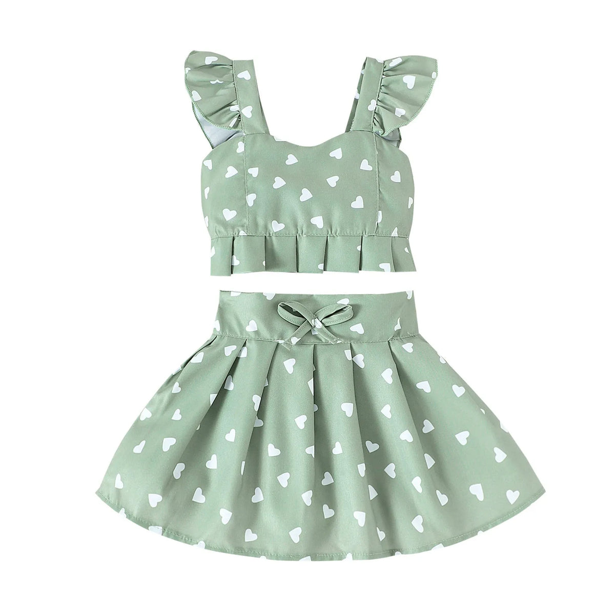 Girls' cotton two-piece skirt set with long-sleeve flounced top, bow, and pleated skirt in green or white