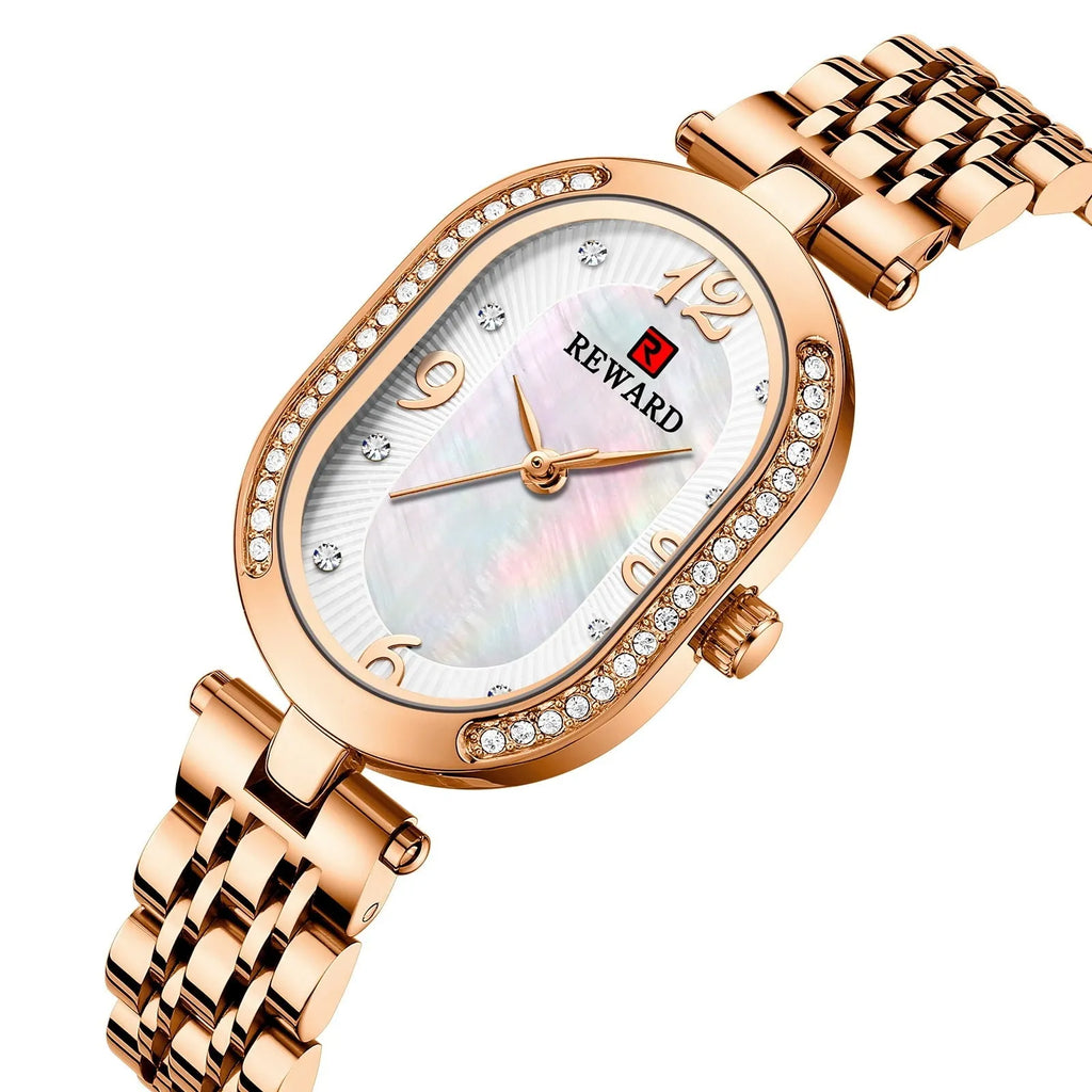 Ladies oval watch with diamond dial, 24mm case, gold-tone or rose-tone finish, and coloured strap