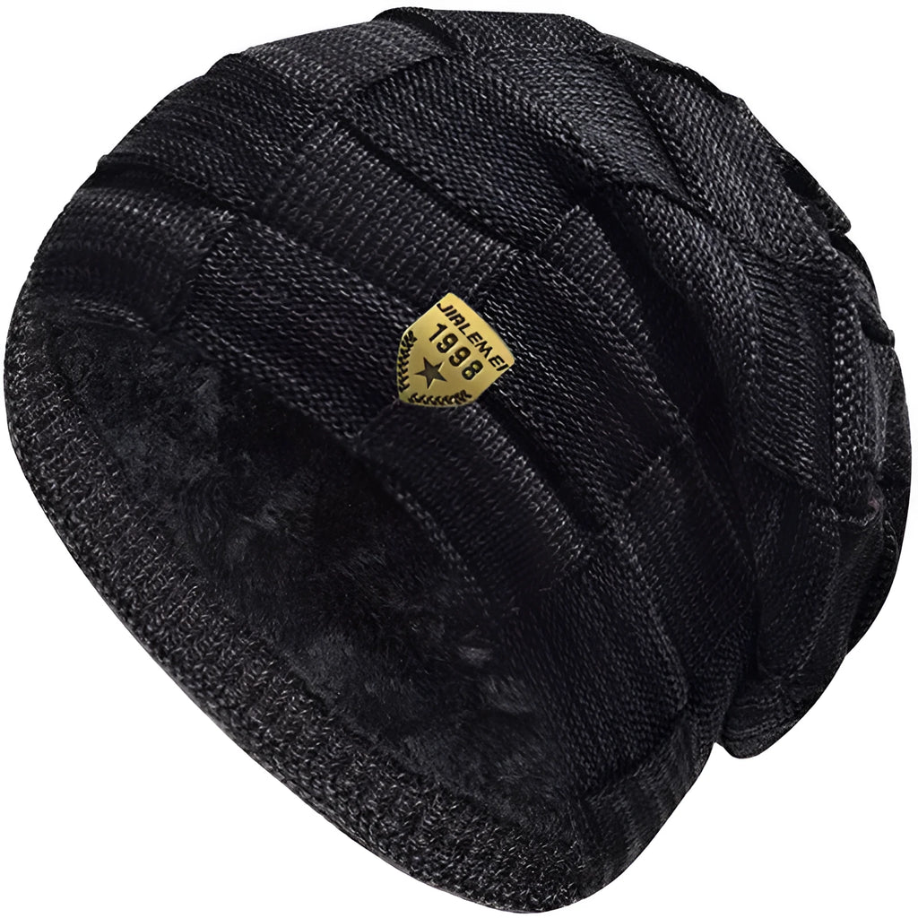 Leisure warm velvet-thick knitted hat in black with plaid pattern, 58-63cm elastic fit, acrylic fibre