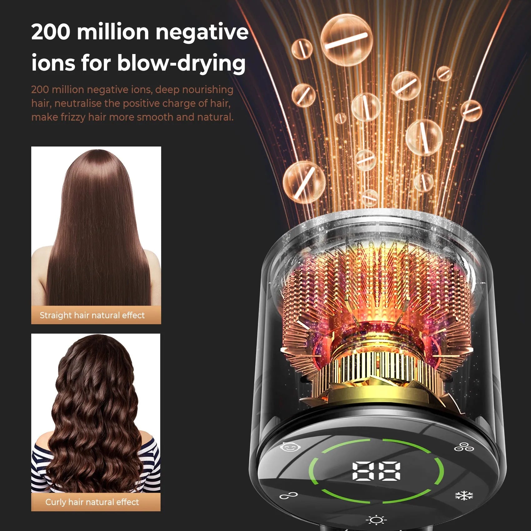 Black gold high-power hair dryer with high-speed screen display and multiple fan speed settings