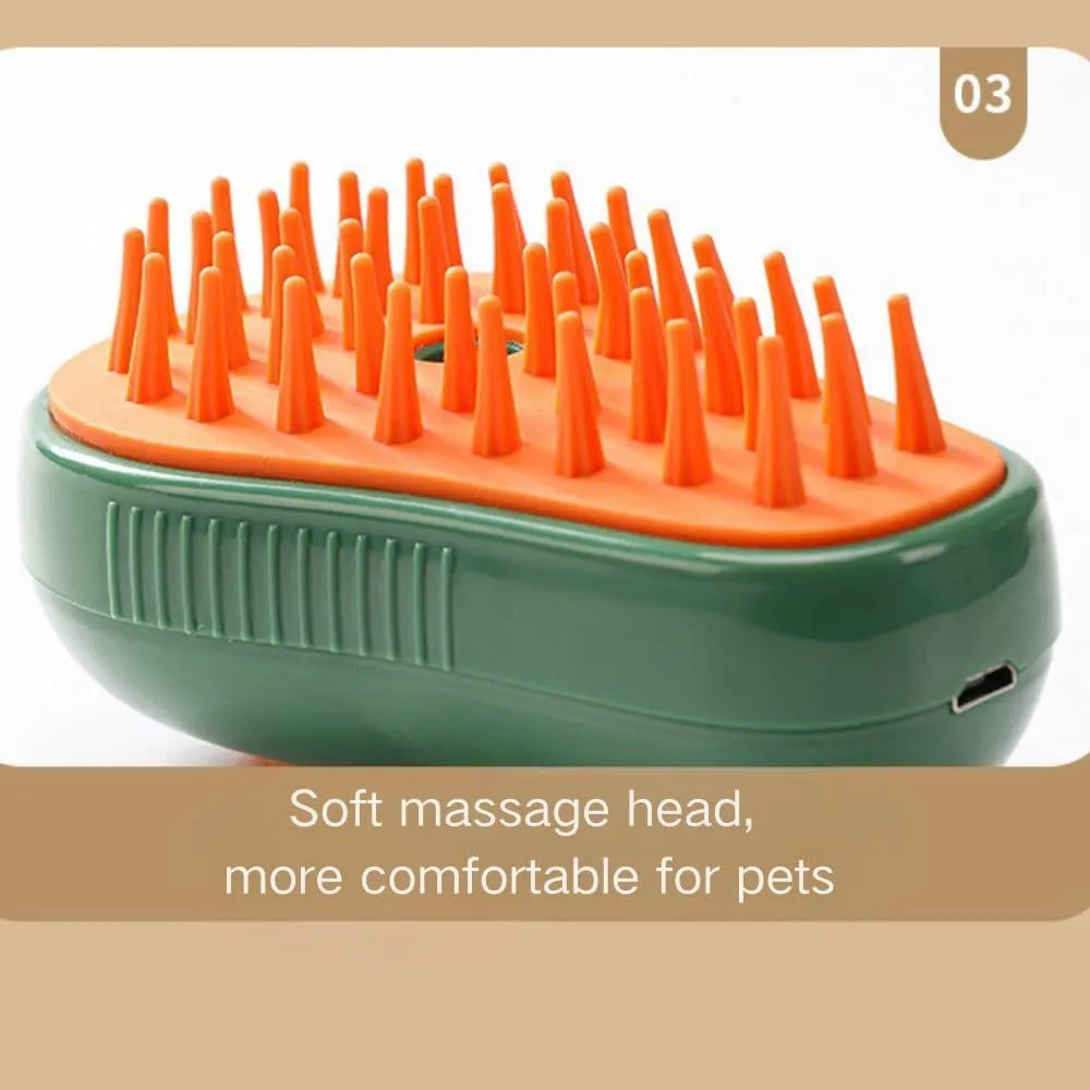 Green and white 3-in-1 cat steam brush with silicone teeth and water spray function, shown with size scale.