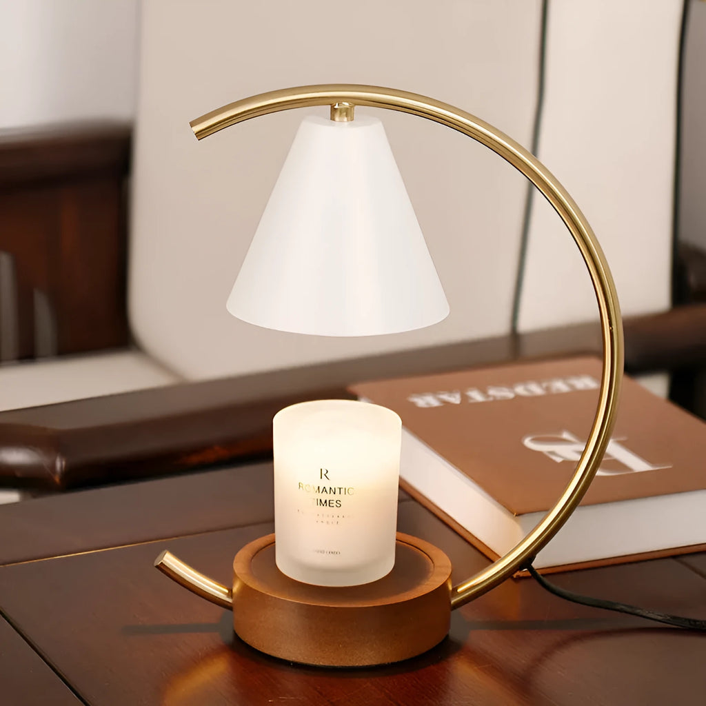 Wooden base fused candle lamp with solid wood walnut base and white lampshade for bedroom table