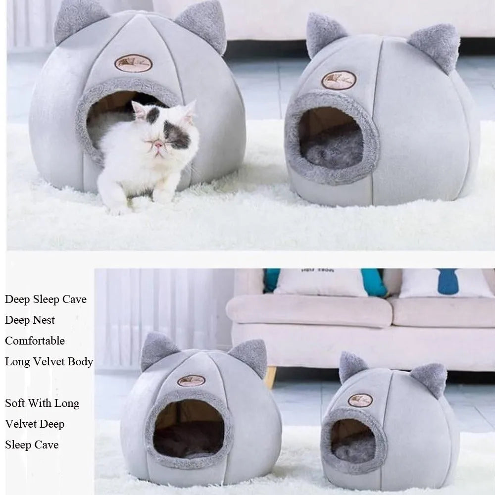 Grey enclosed cat sofa bed with a round entrance hole, showing a soft plush interior and removable cushion.