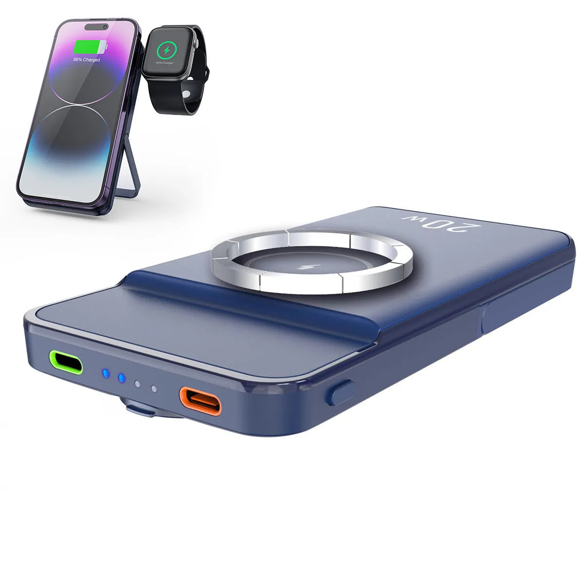 Black magnetic wireless power bank with 10000mAh capacity and three-in-one bracket