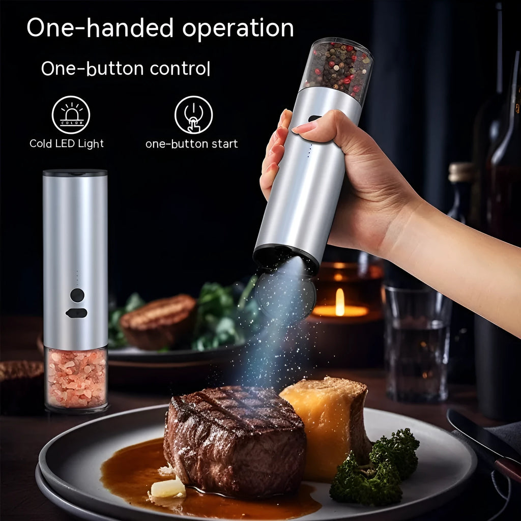USB rechargeable electric pepper grinder with clear glass jar and LED light