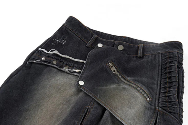 Original Niche deconstruction worn cotton jeans with zipper front in a youthful style