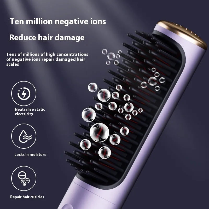 Wireless straight comb in rose gold colour with anion technology for curling and straightening hair