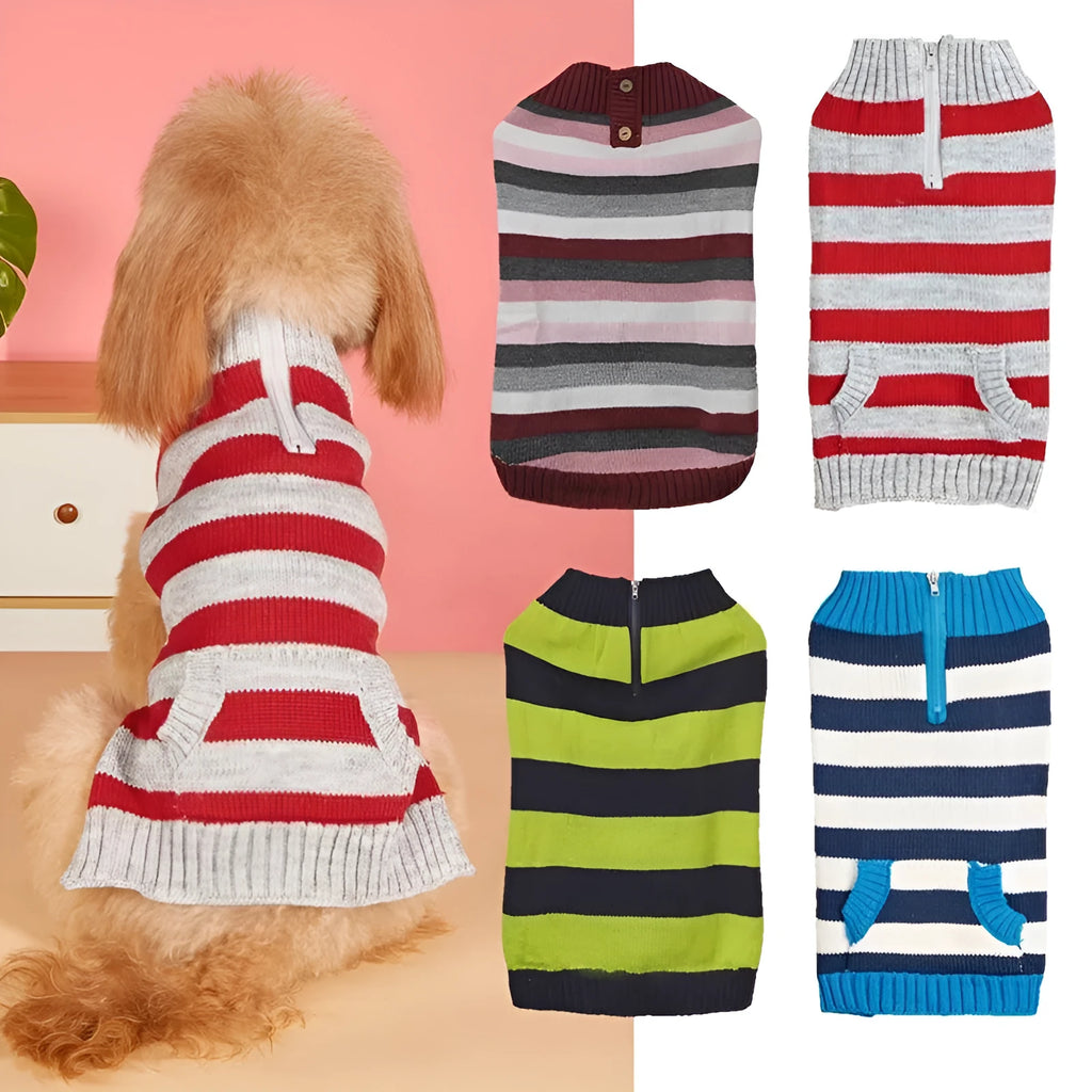 Grey acrylic dog sweater with a blue horizontal zipper and a button pocket on the chest.