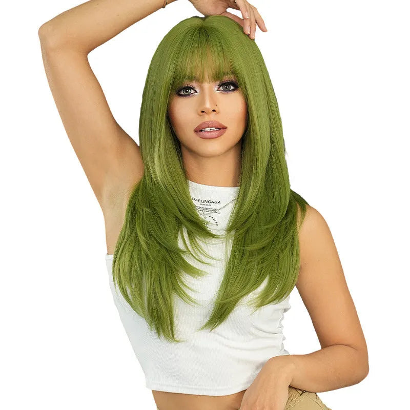 Vanilla green long straight women's wig with bangs made from domestic silk.