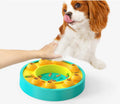 Blue dog puzzle toy with central feeding column and food turntable on non-slip base