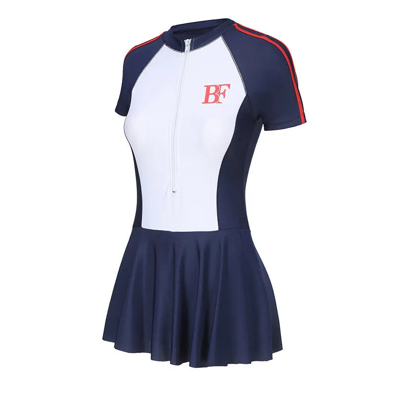 Conservative ladies sports one-piece swimsuit with colour-matched pattern for athletic activities