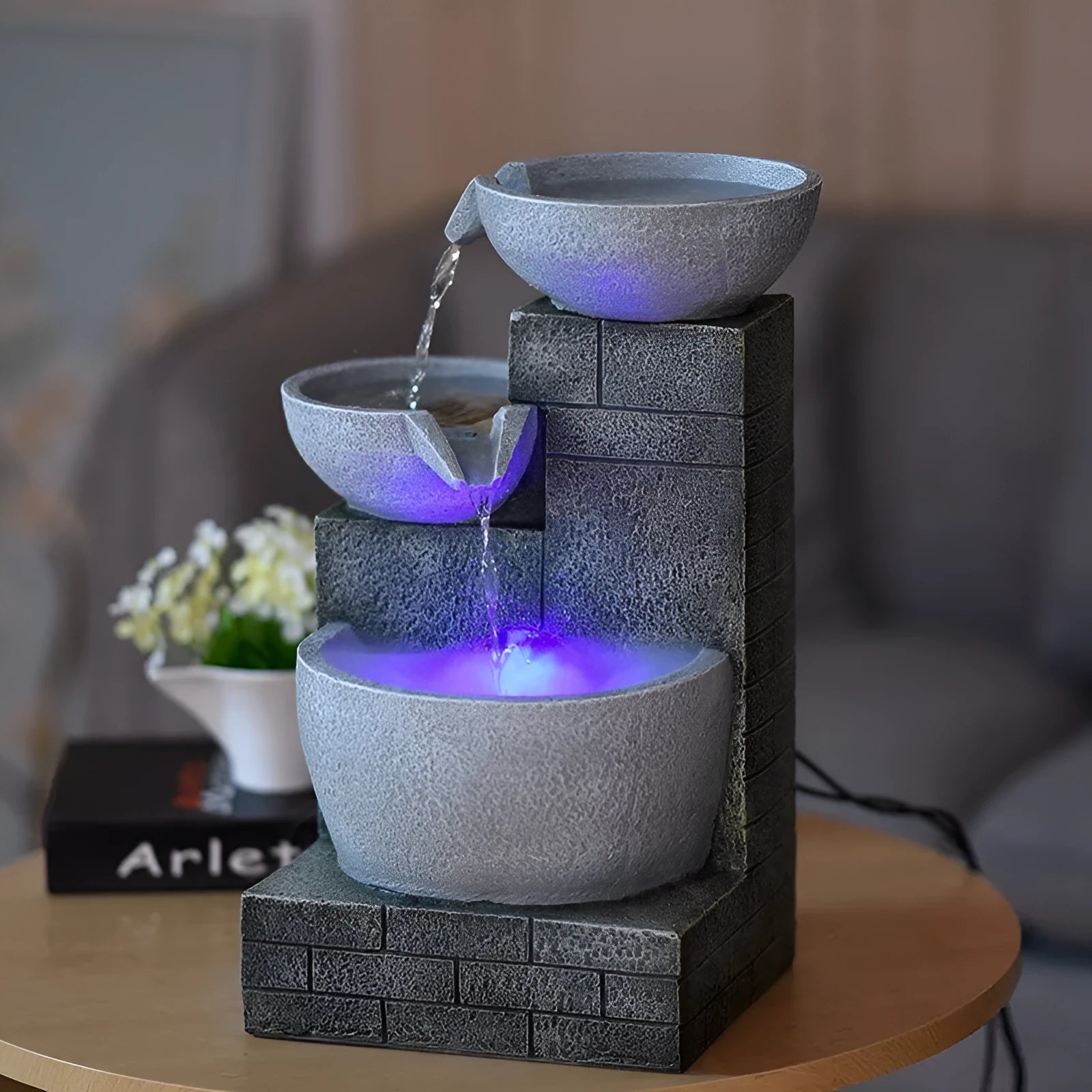 Modern desktop fountain humidifier hand painted resin waterscape light grey 25x21x43cm