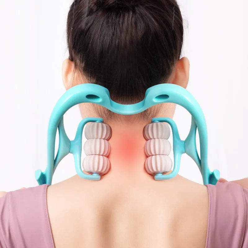Blue six-wheel electric deep tissue massager with heat for shoulders, neck, and back relief.