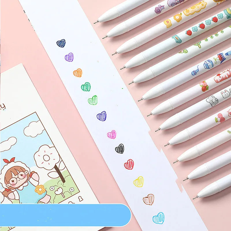 Set of twelve coloured gel pens with 0.5mm fine tips and plastic bodies for hand accounting.