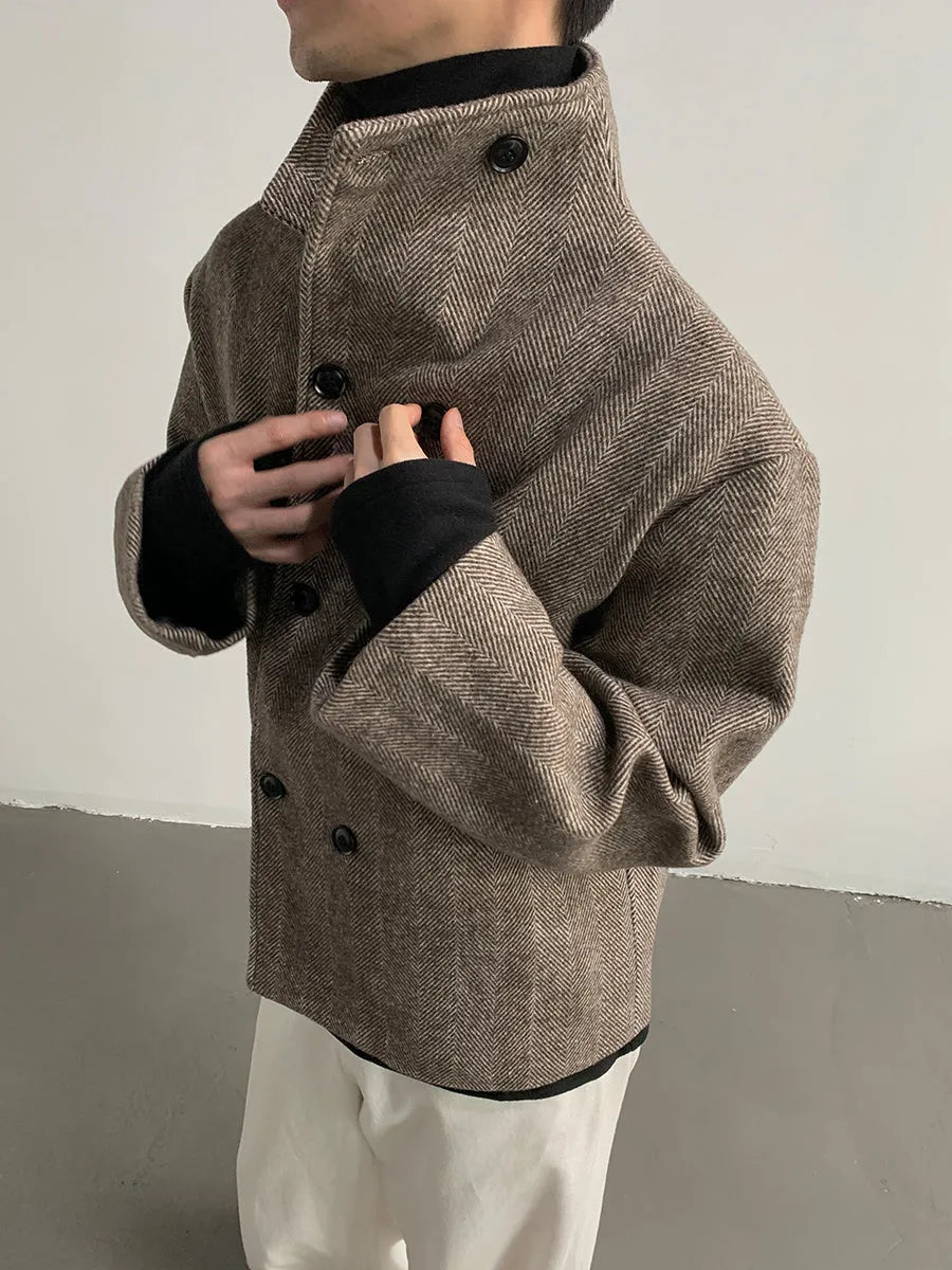 Double breasted stand collar mid-length loose fit polyester coat jacket in Coffee colour with long sleeves