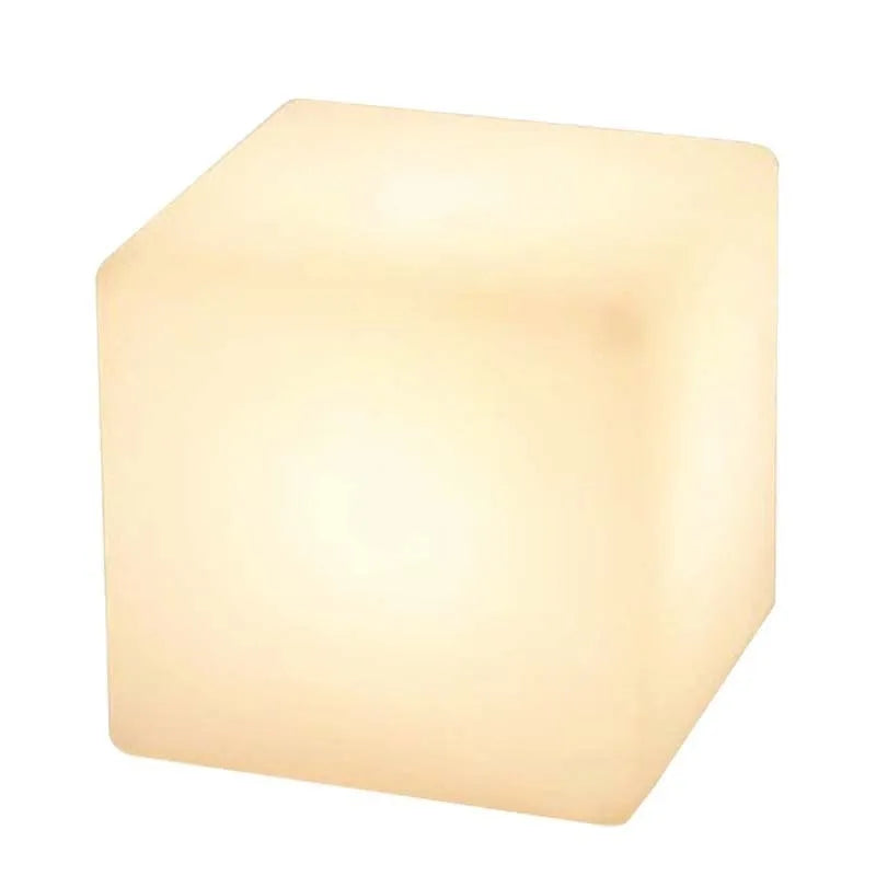 A modern square LED cube light stool for outdoor gardens, available in multiple sizes.