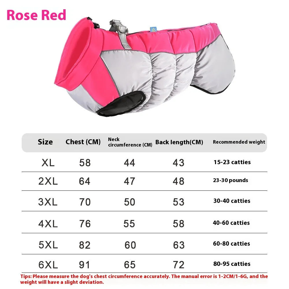 Large dog wearing reflective waterproof winter coat in polar fleece material