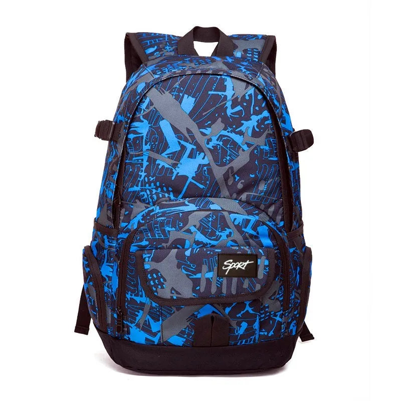 Blue classic nylon backpack with multiple pockets and adjustable padded straps, shown closed.