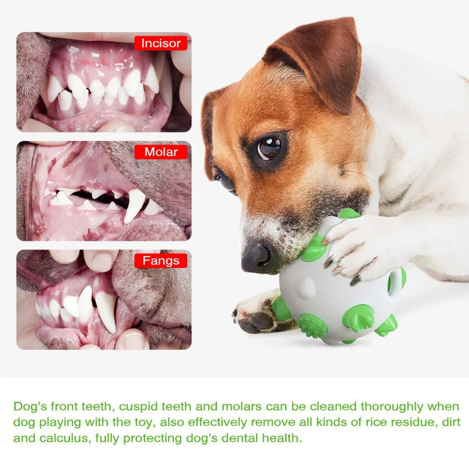Blue dog teething chew ball with textured bumps and hollow treat compartment.