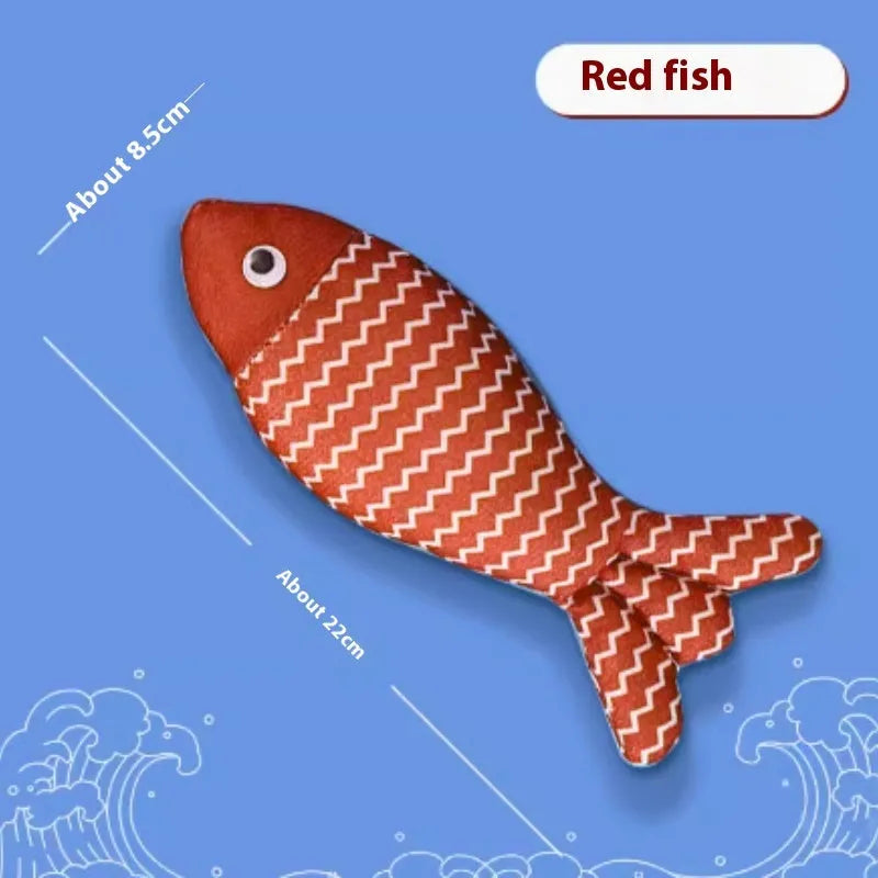 Blue, red or yellow catnip fish toy with natural filling for feline energy and dental health