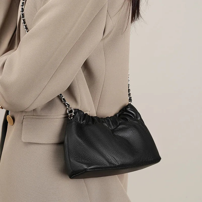 Genuine cowhide leather women's crossbody bag with chain shoulder strap in dumpling shape