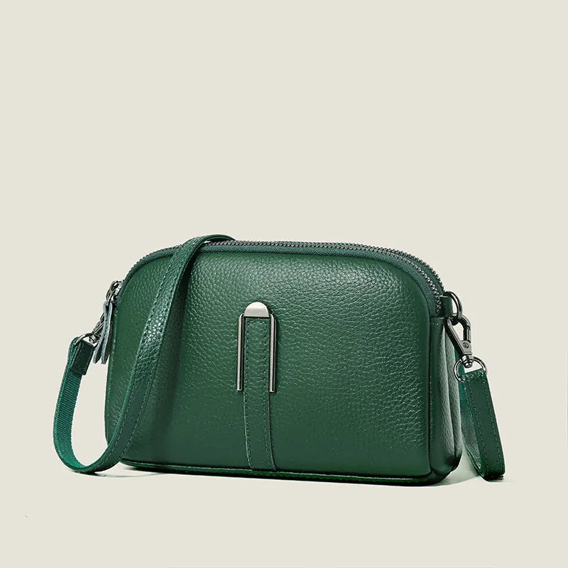 Top-grain leather crossbody bag with splicing design in khaki, horizontal shape, on model