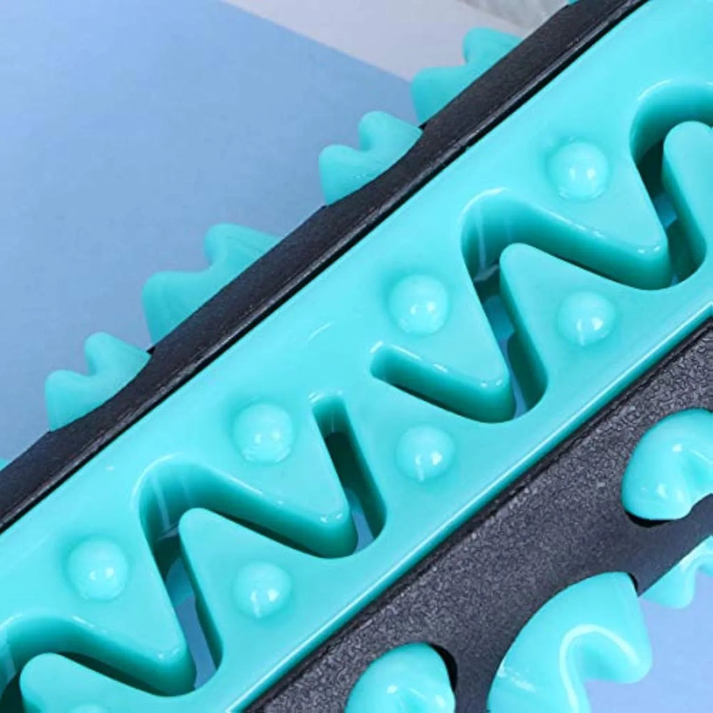 Natural rubber dog dental chew toy in blue, shown as a toothbrush-shaped stick for teeth cleaning.