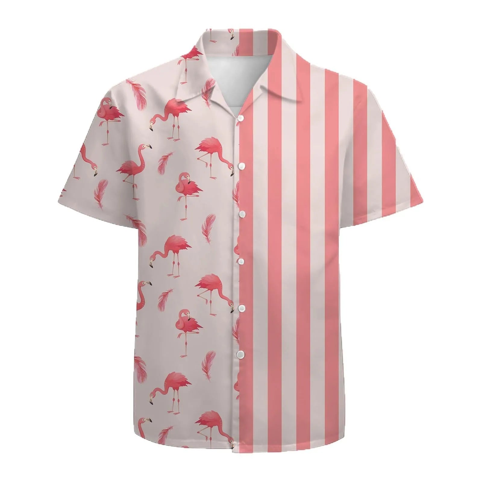 Men's striped short sleeve shirt with stand collar in loose fit cardigan style for summer wear