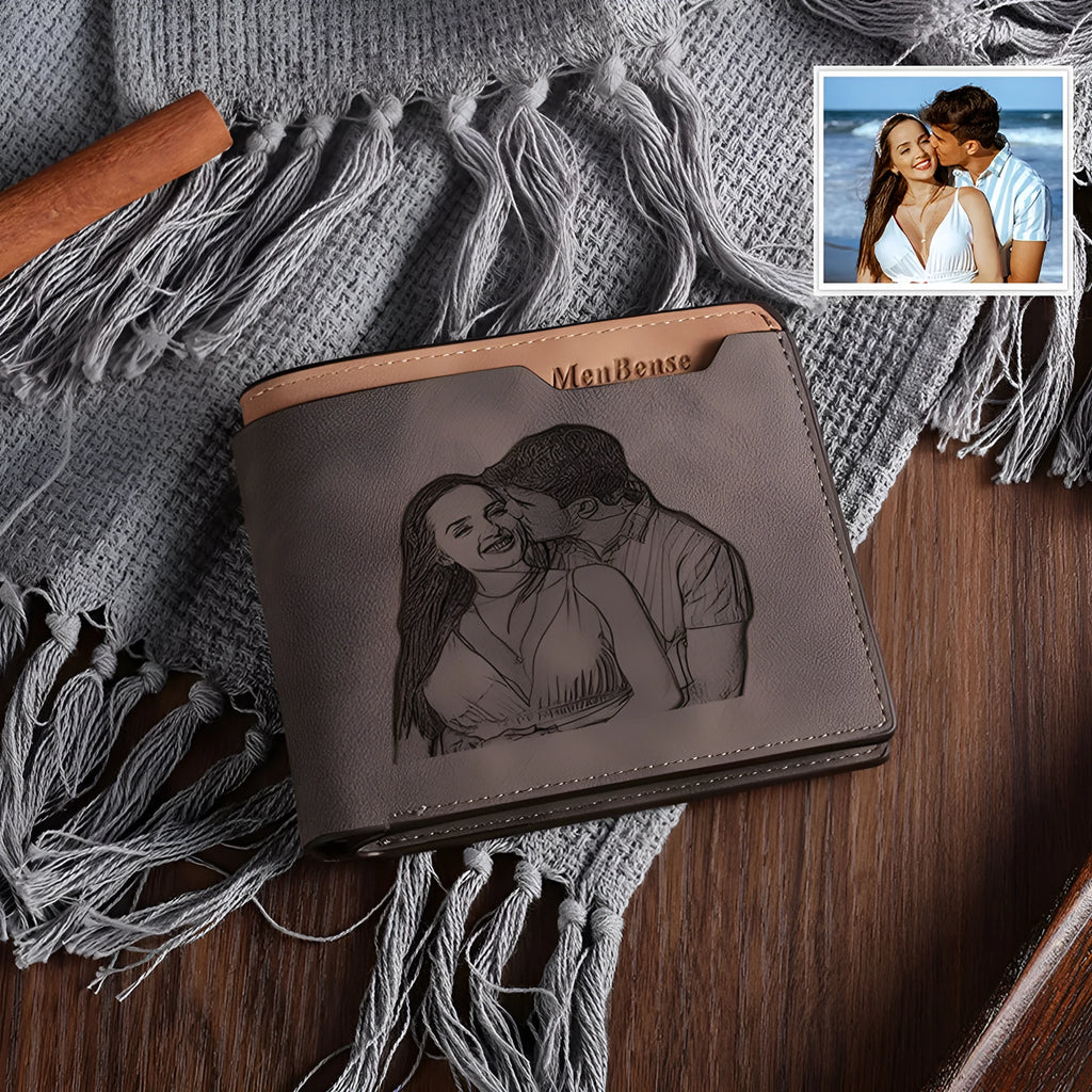 Coffee coloured PU leather engraved horizontal short wallet showing personalised text.