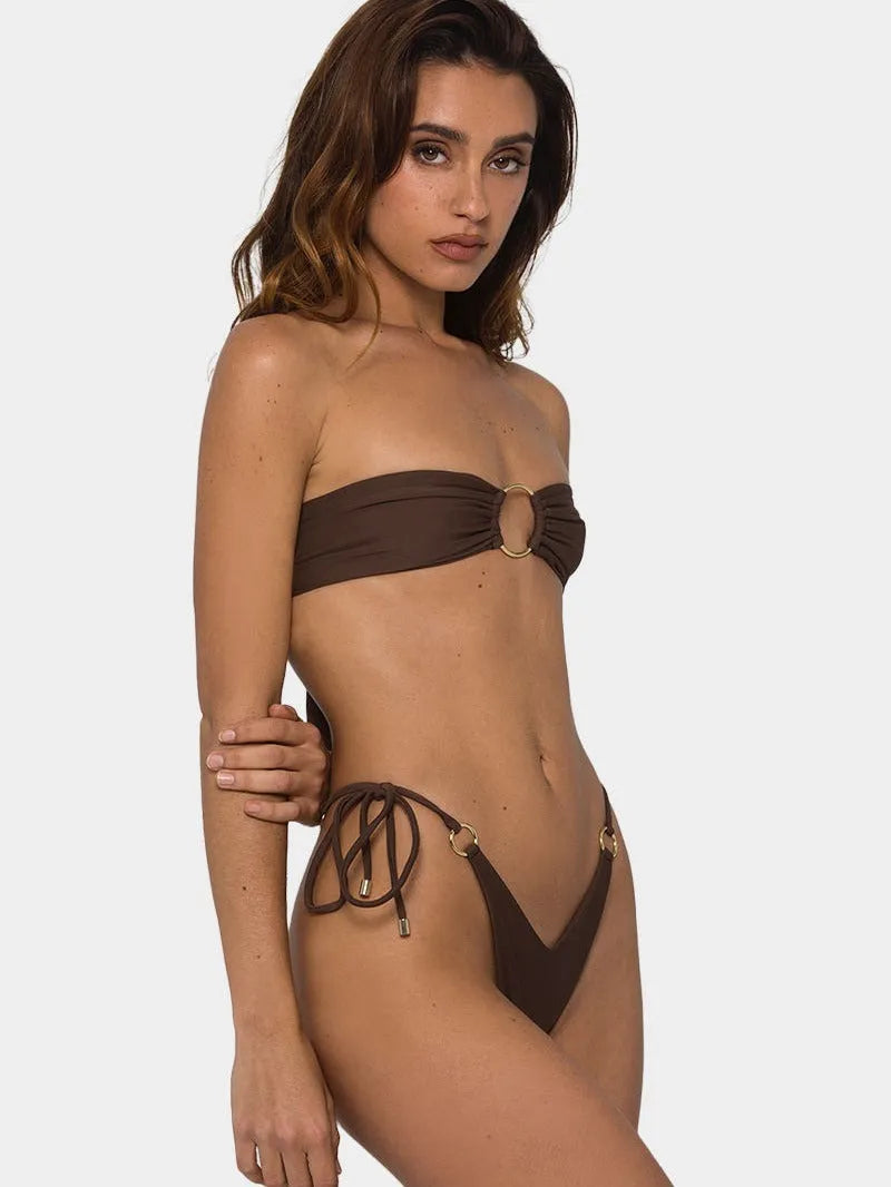 Brown women's tube-top bikini with adjustable metal rings on the back and a split-leg bottom.