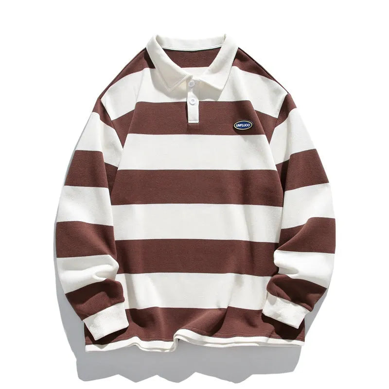 Loose-fit long-sleeve polo shirt with lapel collar and Hong Kong style stripes in pearl cotton.