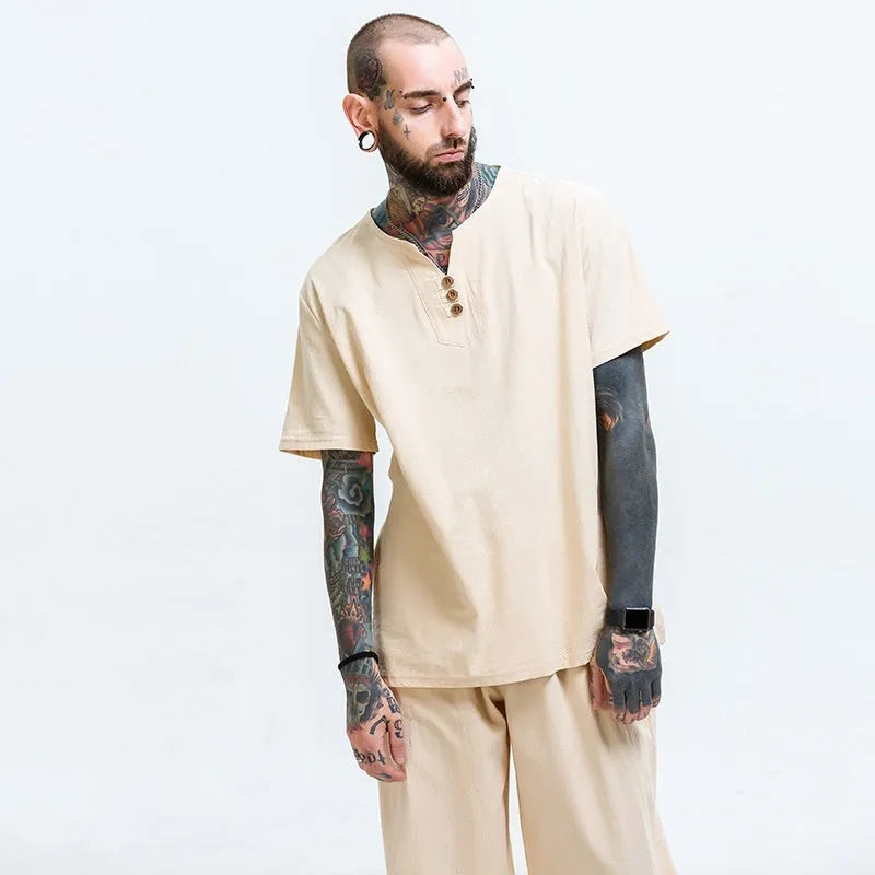 Men's loose cotton linen blend t-shirt in various colours with short sleeves