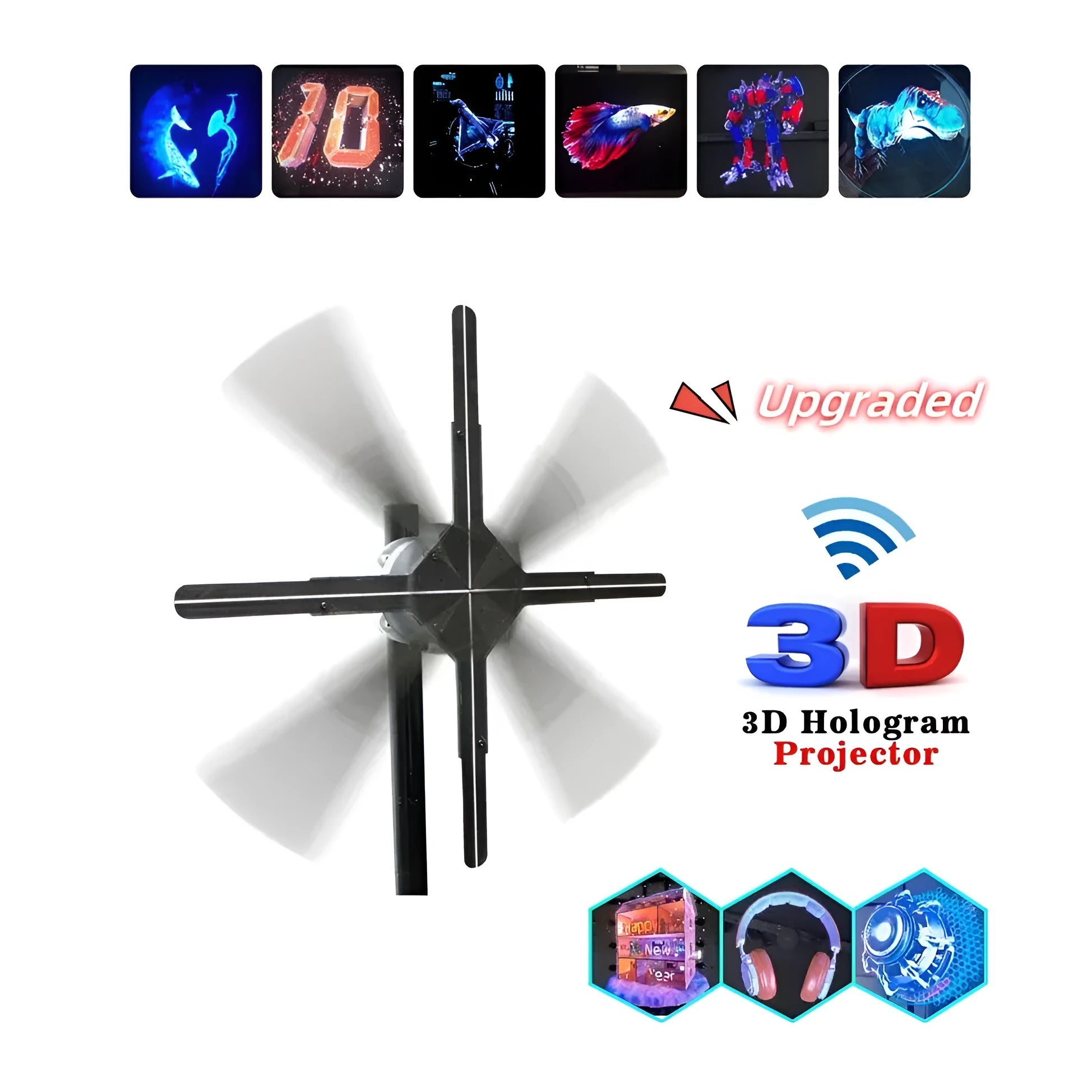 Black 3D holographic advertising fan screen displaying a vibrant floating image, shown with a mobile phone for app control.