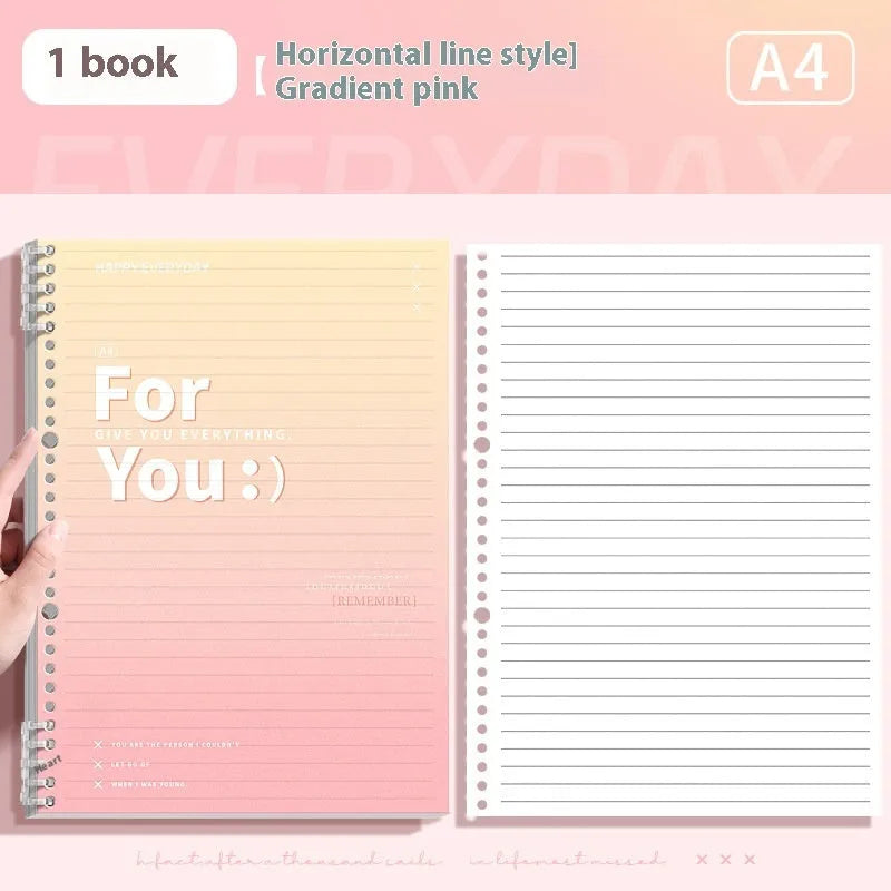 Removable coil gradient notepad in blue, green, pink, or purple with grid paper.