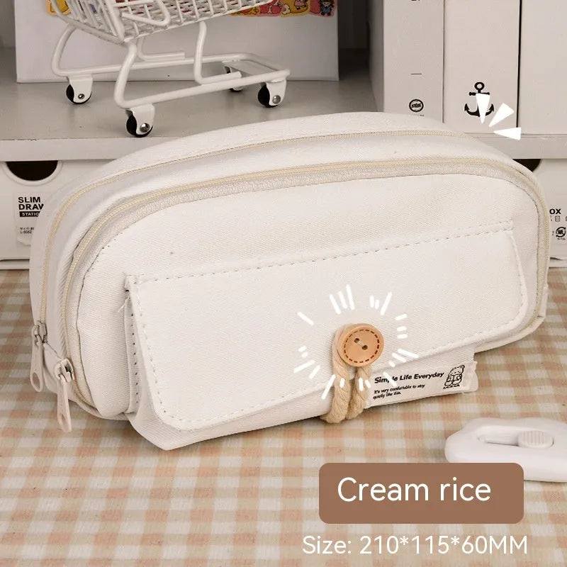 Canvas button pencil case in green, beige, blue or grey with capacity for 80 pens