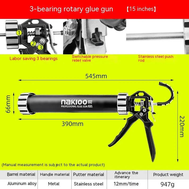 Aluminium alloy automatic adhesive breaking glass glue gun with 13 bearing structure.