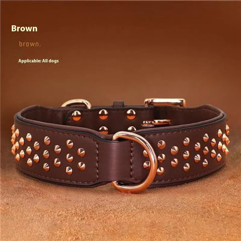 Leather dog collar with metal rivets in black, chocolate, or pink colour.