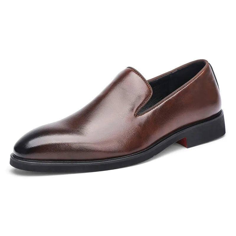 Men's polished pointed black leather shoes with leather toe cap and rubber sole, side view