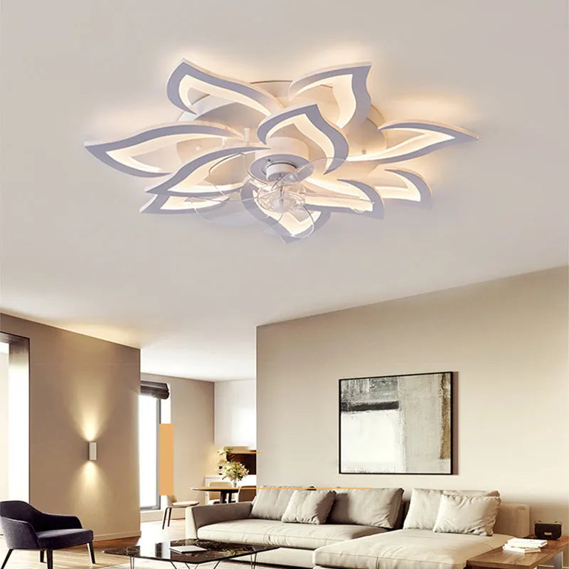 Modern white ceiling fan light with six blades and integrated light, bauhinia flower design.