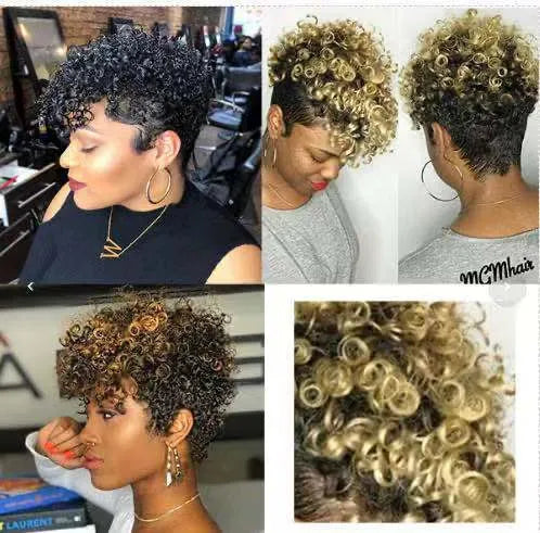 Women's short synthetic wig with simple rolls style in Kanekalon material shown in black, brown, gold, and grey colours.