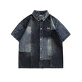 Men's blue Japanese-style retro denim shirt with washed stitching and loose cardigan fit