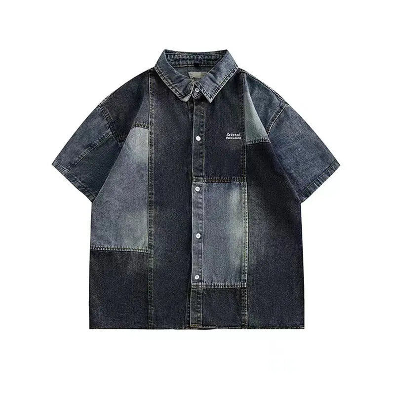 Men's blue Japanese-style retro denim shirt with washed stitching and loose cardigan fit