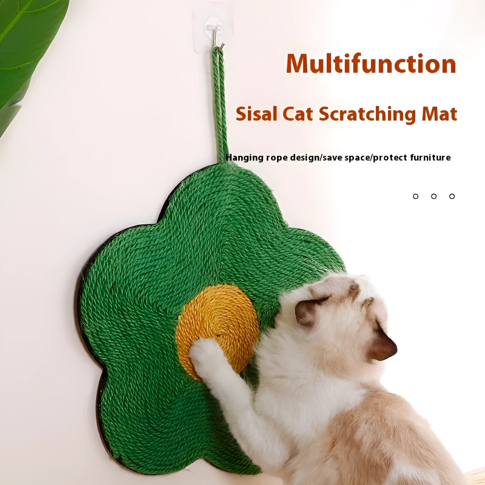 Green flower pattern sisal cat scratching board on wooden floor
