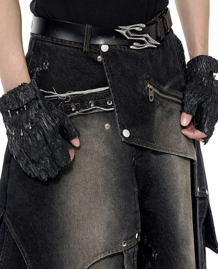 Original Niche deconstruction worn cotton jeans with zipper front in a youthful style