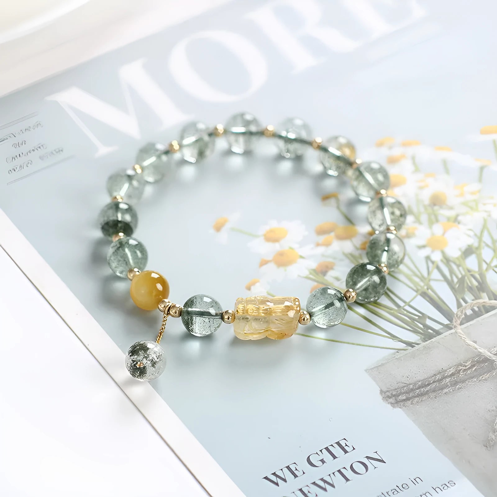 Green phantom quartz bracelet with geometric charm and gold rutilated quartz stones