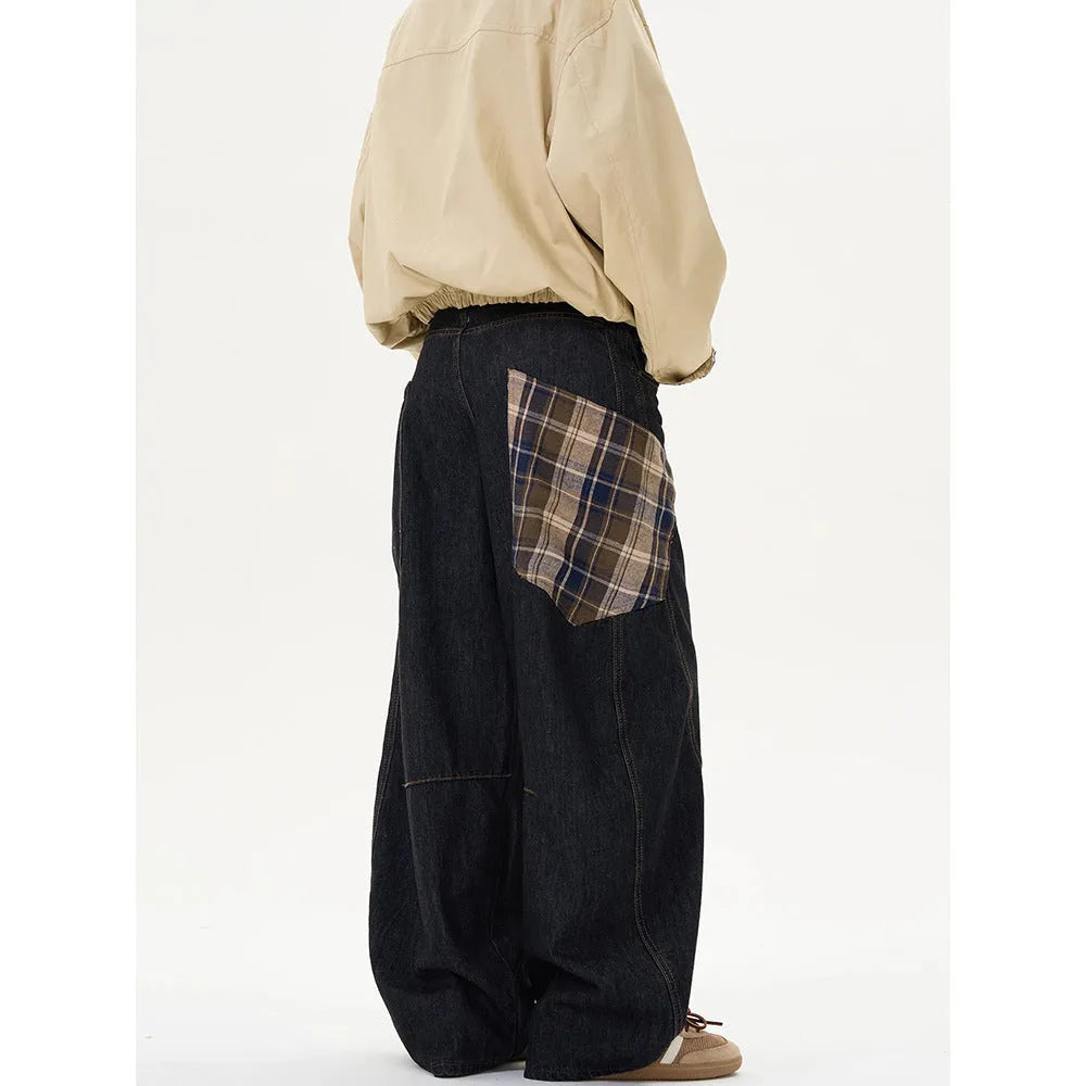 Straight-leg loose casual trousers in red plaid pattern on a mid-waist.