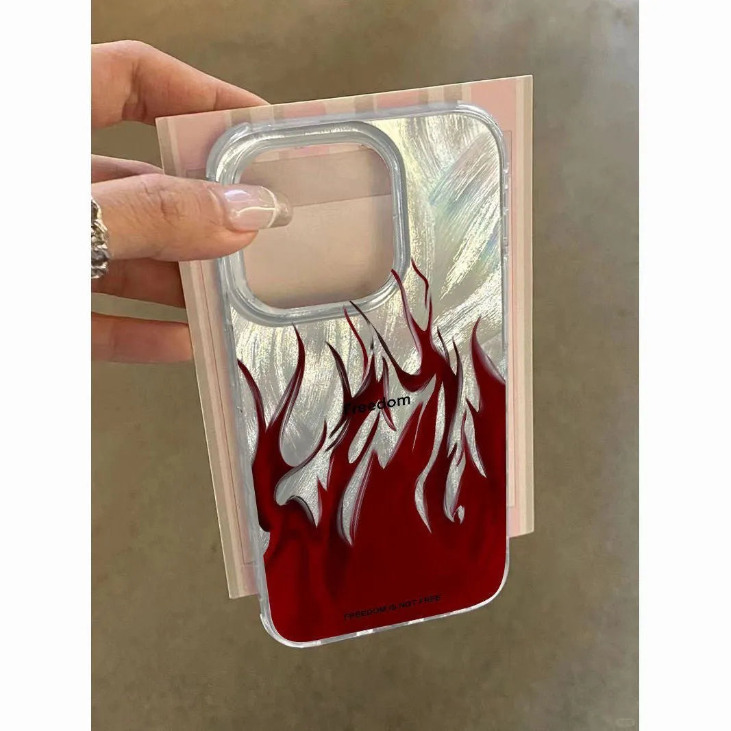 Silicone phone case for Apple iPhone with blue and red flame designs on a black background.
