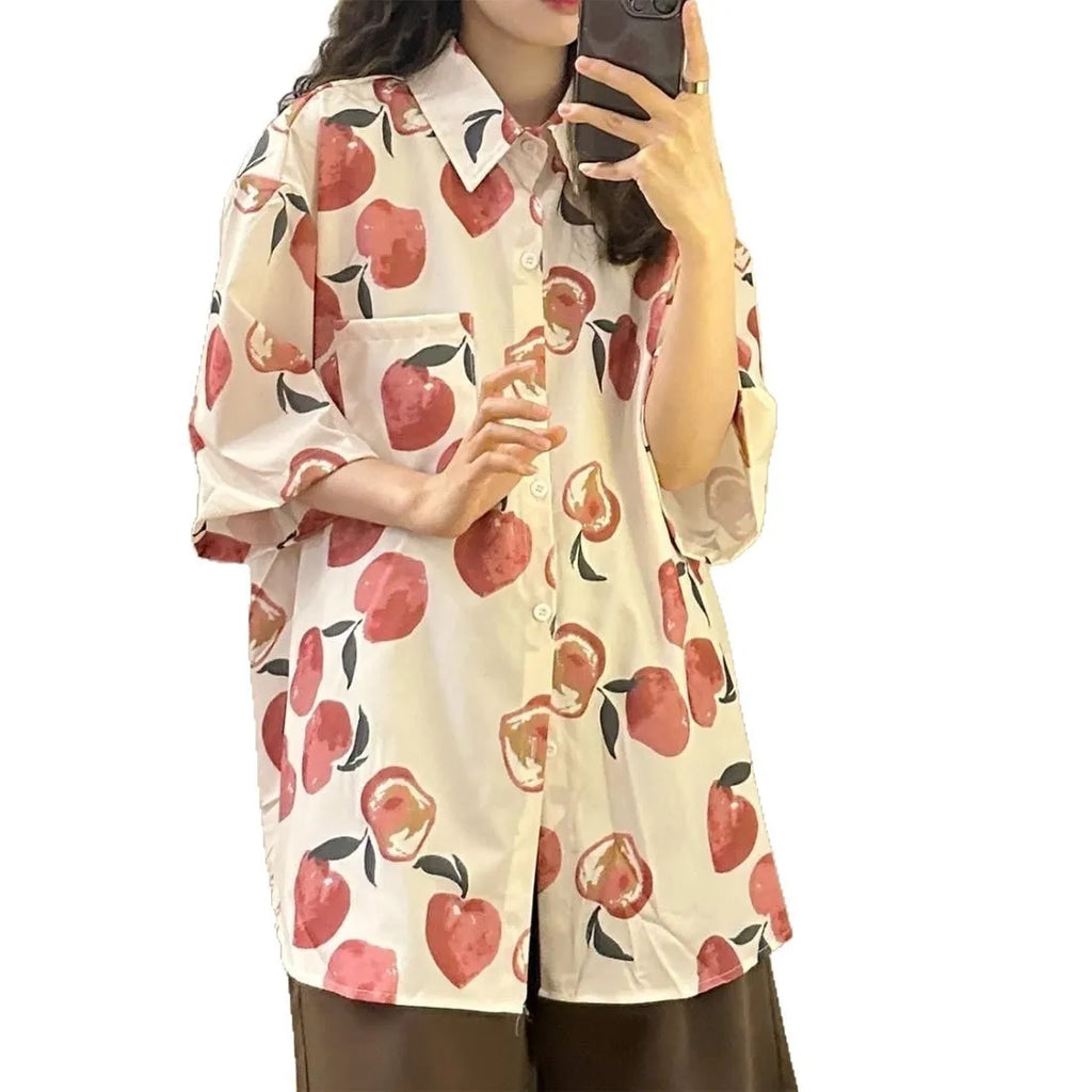 Summer Hong Kong style couple half sleeve flower shirt in 617 picture colour, loose fit, fruit pattern on polyester fabric