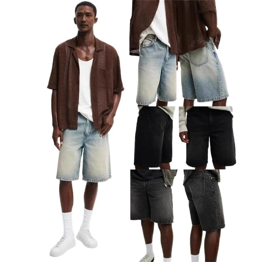 Men's loose fit straight leg jeans in light blue cotton denim for summer street style wear